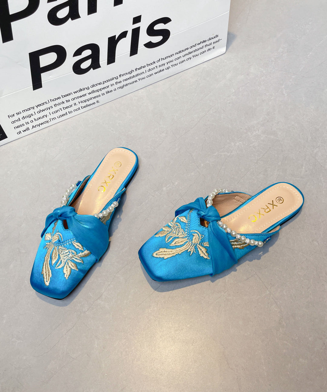 Chinese Style Blue Embroidered Splicing Slide Sandals
