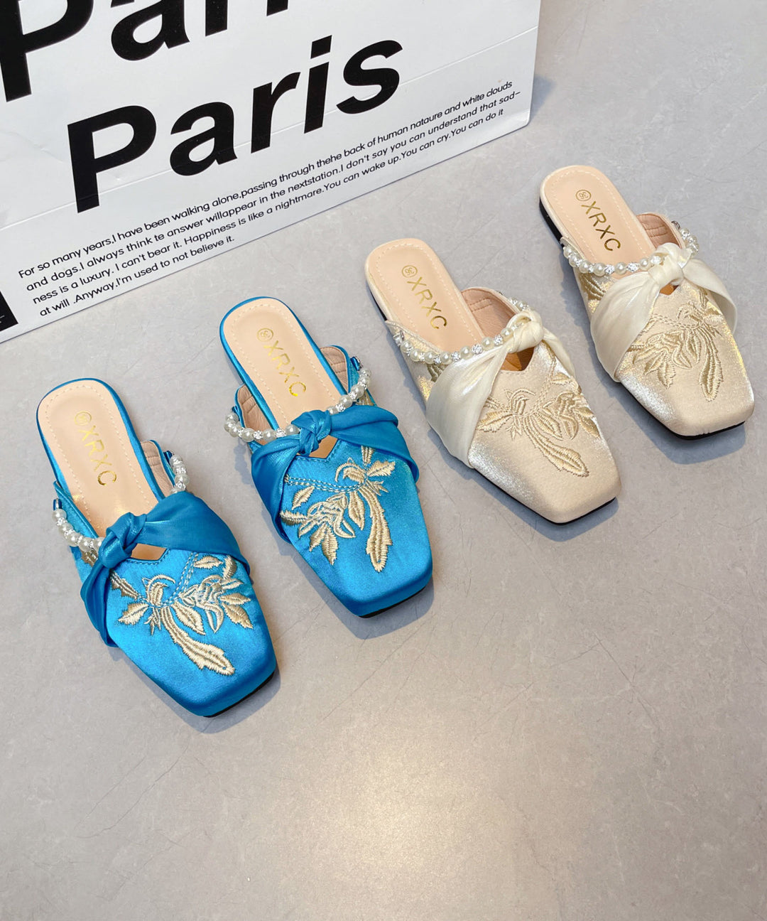 Chinese Style Blue Embroidered Splicing Slide Sandals