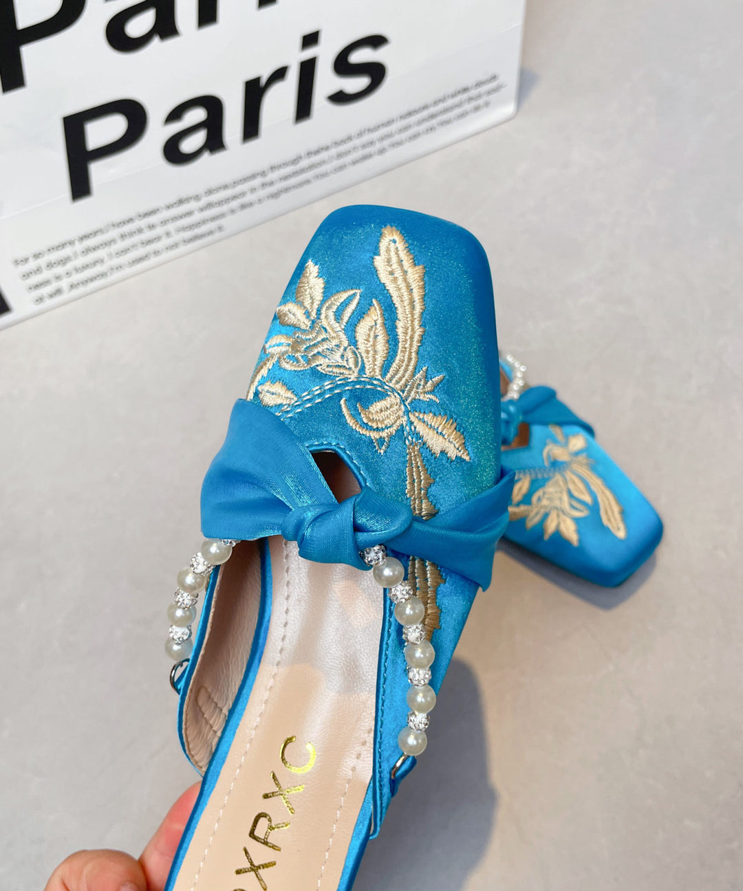 Chinese Style Blue Embroidered Splicing Slide Sandals
