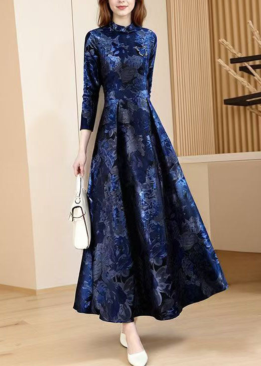 Chinese Style Blue Jacquard Oriental Button Cotton Long Dress Fall