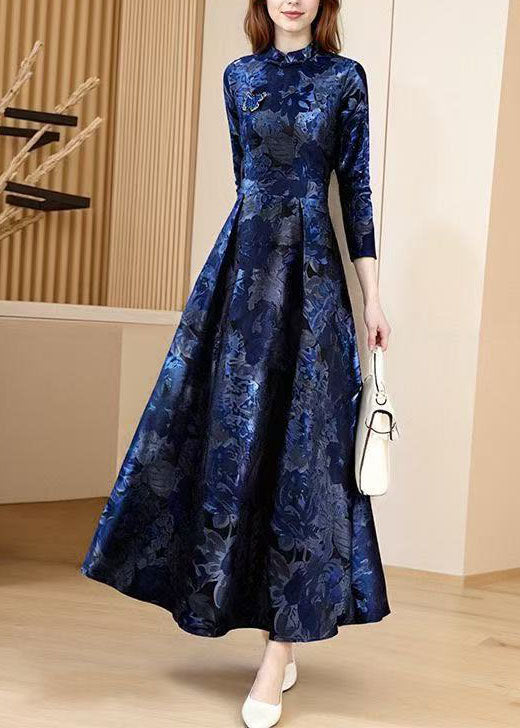 Chinese Style Blue Jacquard Oriental Button Cotton Long Dress Fall
