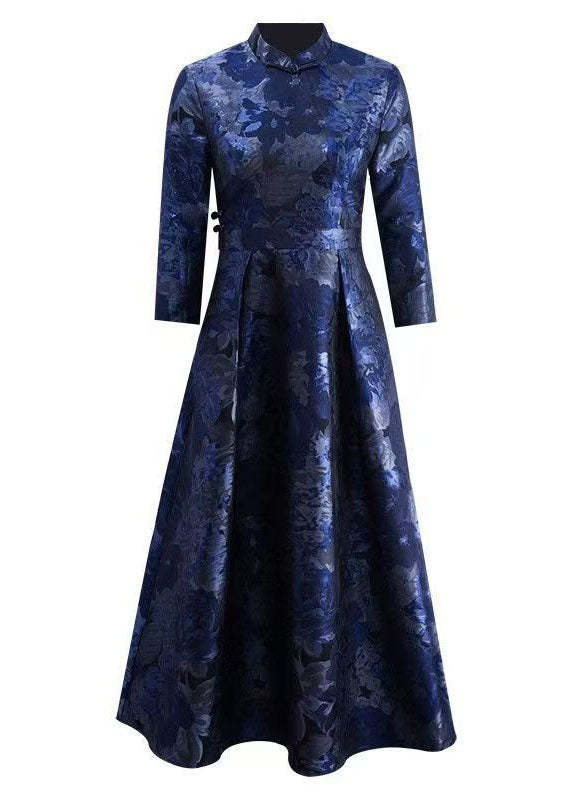 Chinese Style Blue Jacquard Oriental Button Cotton Long Dress Fall