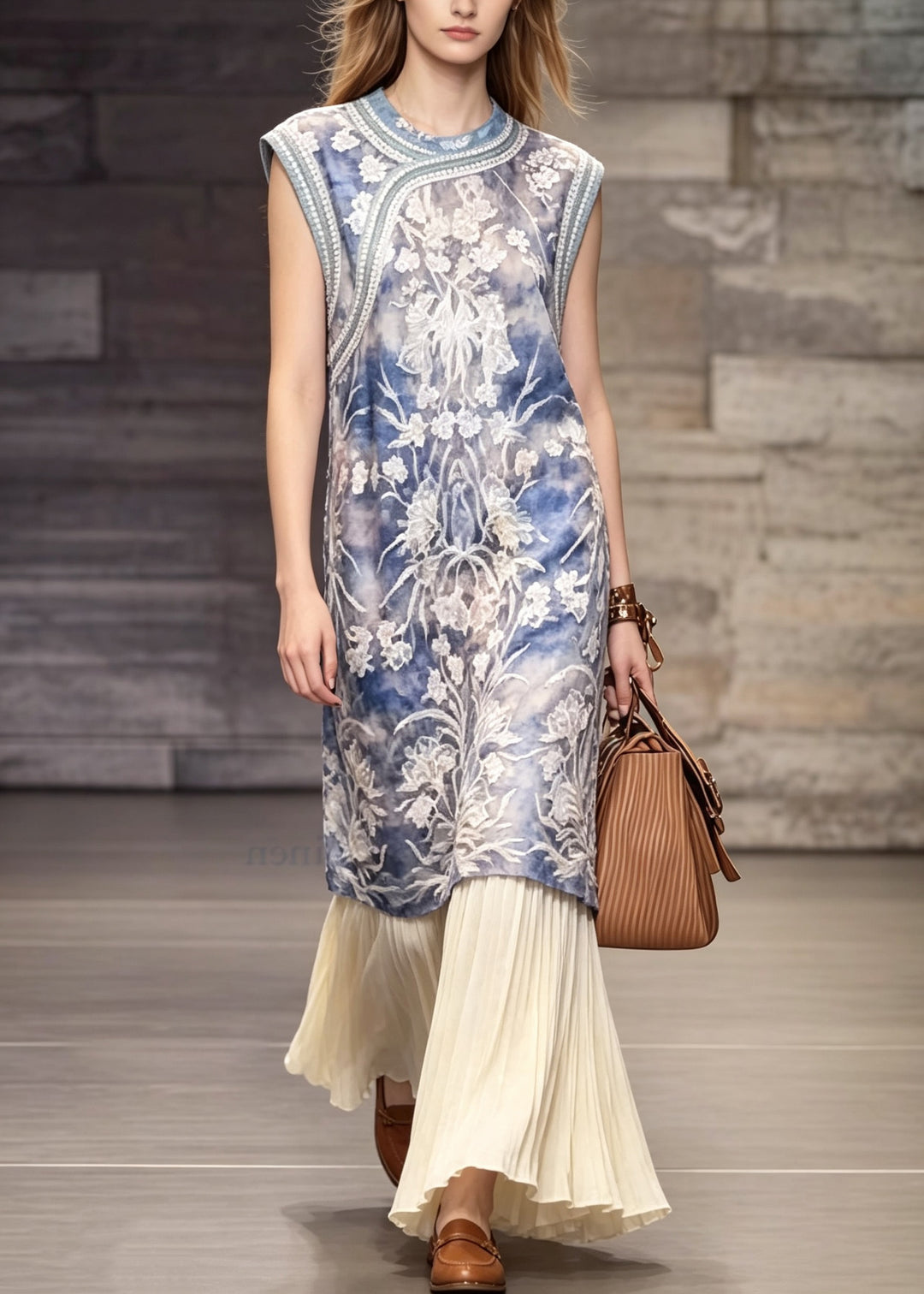 Chinese Style Blue O Neck Embroidered Patchwork Dress Sleeveless