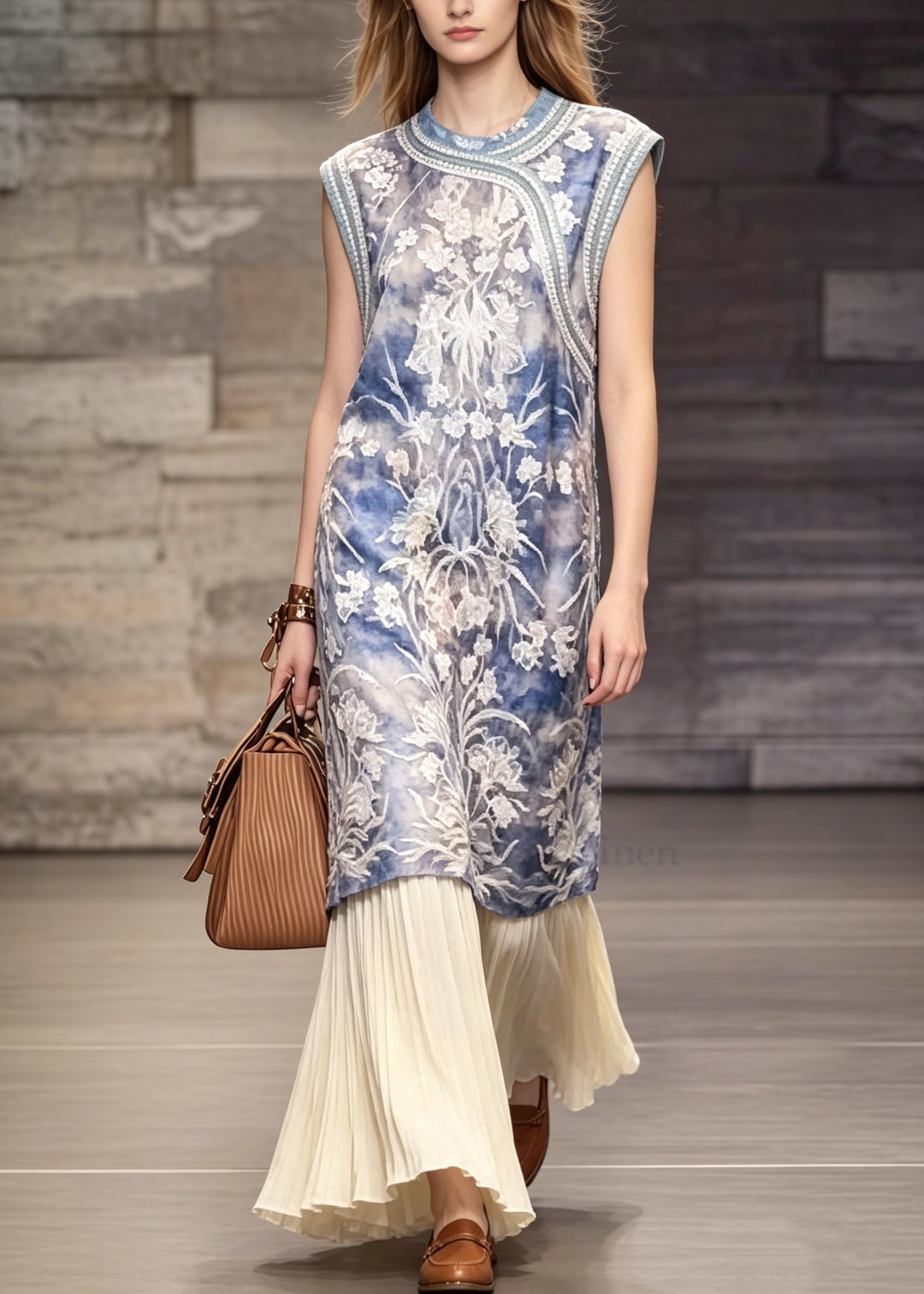 Chinese Style Blue O Neck Embroidered Patchwork Dress Sleeveless