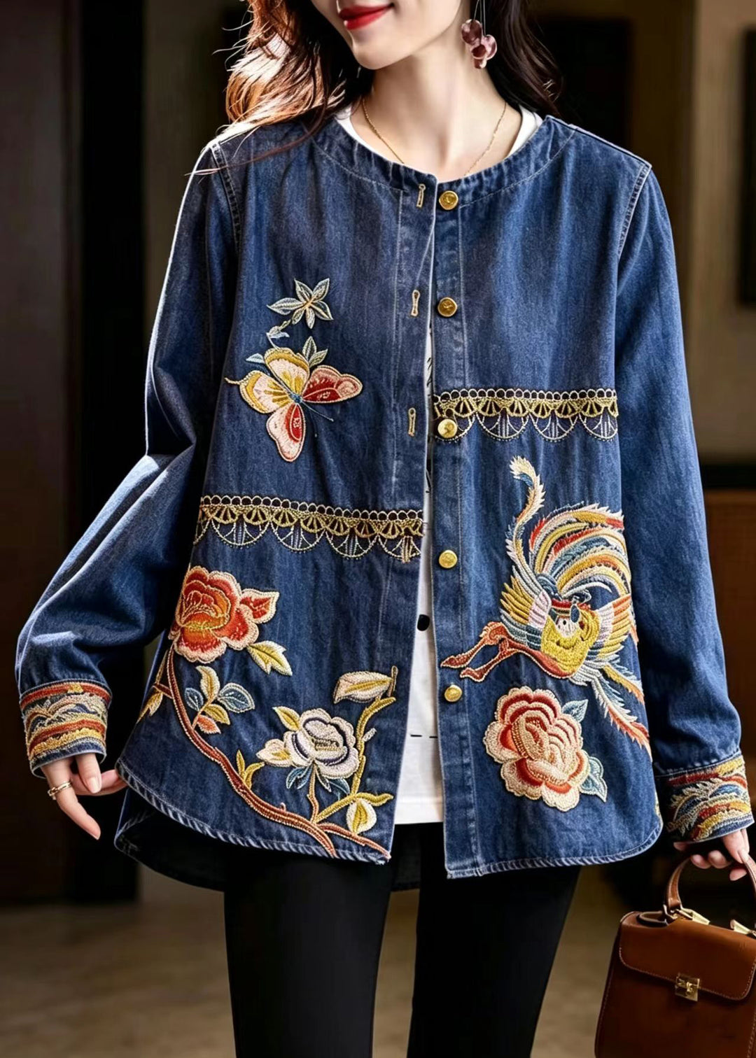 Chinese Style Blue O-Neck Nail Bead Embroidered Denim Jacket Fall