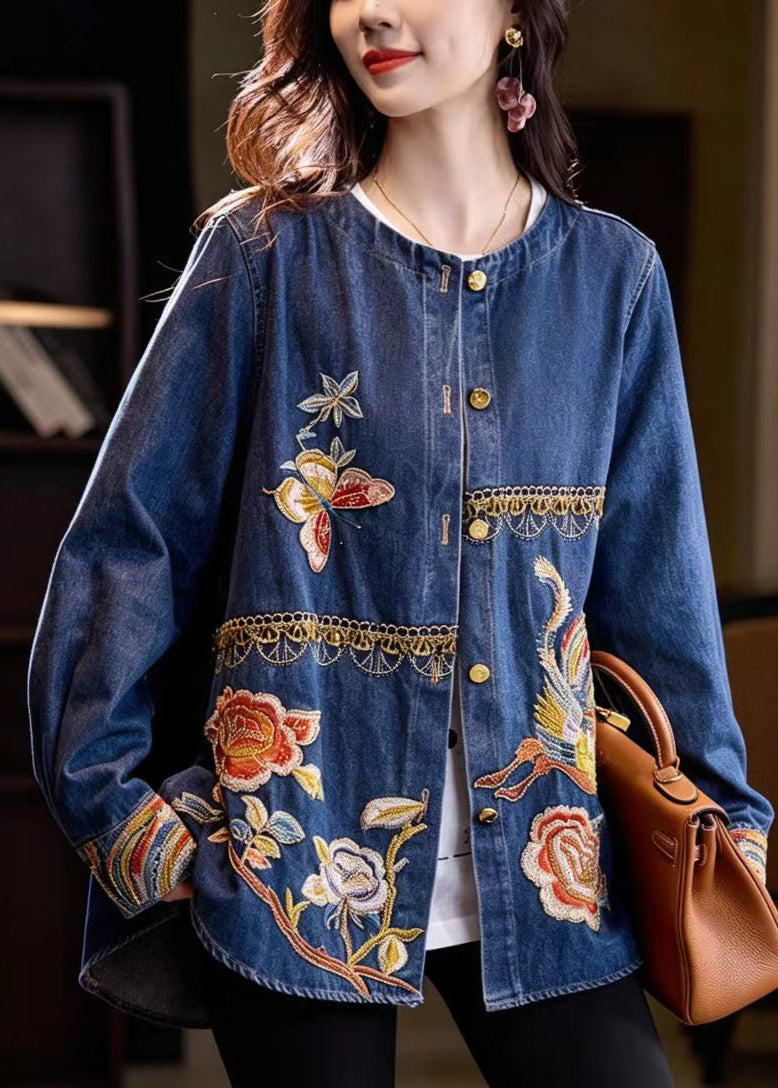 Chinese Style Blue O-Neck Nail Bead Embroidered Denim Jacket Fall
