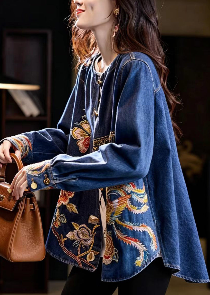 Chinese Style Blue O-Neck Nail Bead Embroidered Denim Jacket Fall