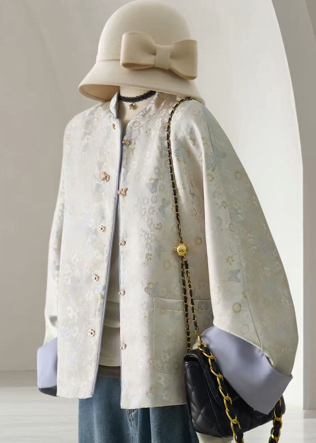 Chinese Style Blue Stand Collar Butterfly Print Jacket Fall