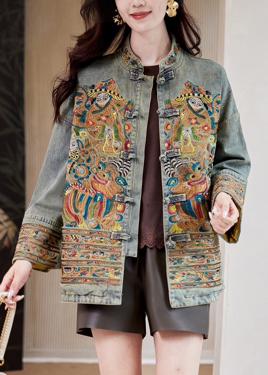 Chinese Style Blue Stand Collar Embroidered Button Denim Coats Fall