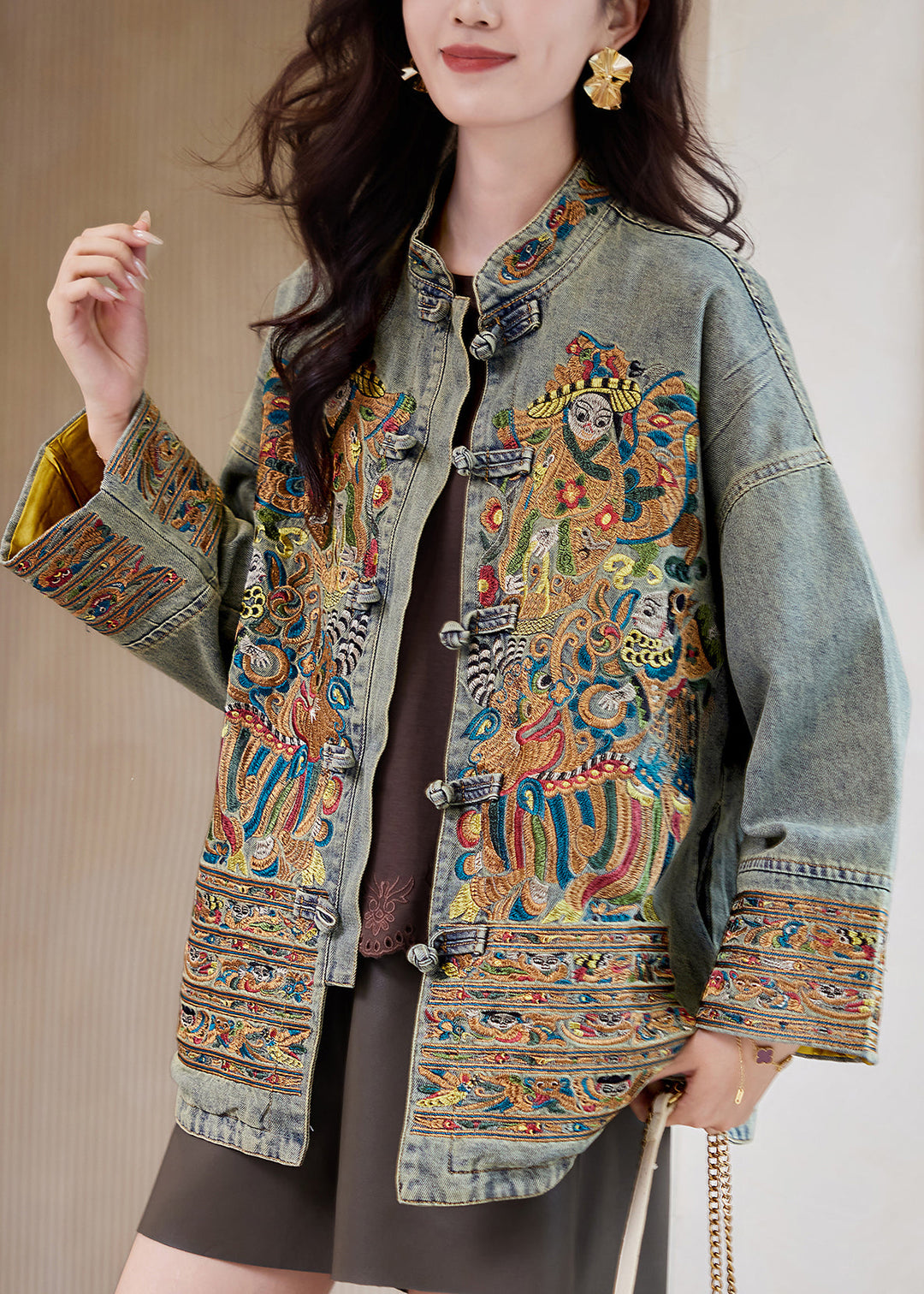 Chinese Style Blue Stand Collar Embroidered Button Denim Coats Fall