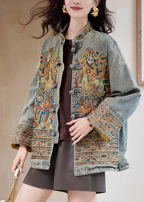Chinese Style Blue Stand Collar Embroidered Button Denim Coats Fall