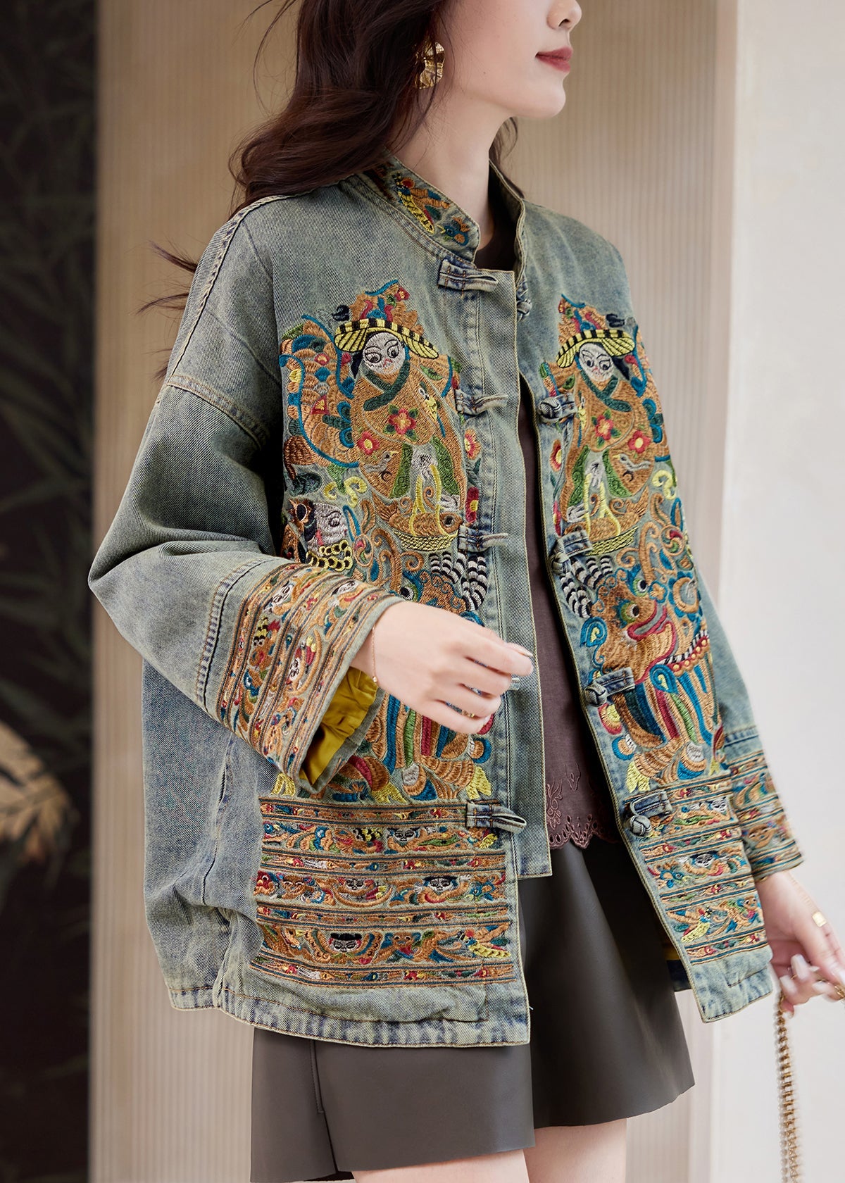 Chinese Style Blue Stand Collar Embroidered Button Denim Coats Fall - Omychic