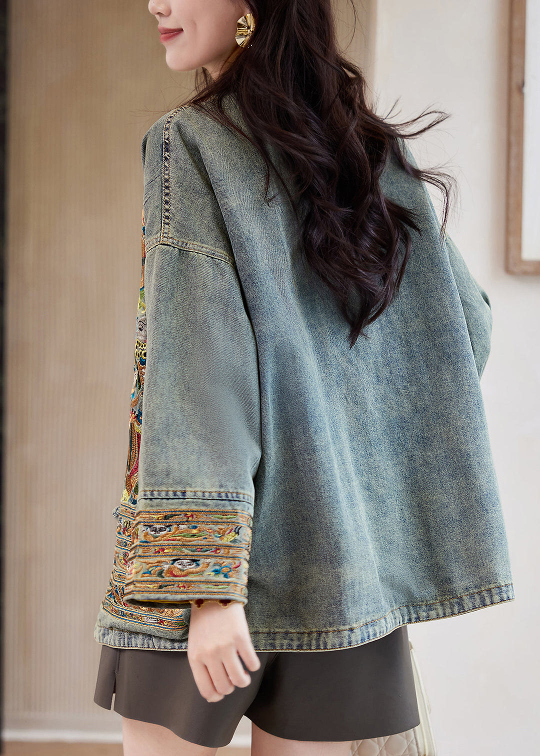 Chinese Style Blue Stand Collar Embroidered Button Denim Coats Fall