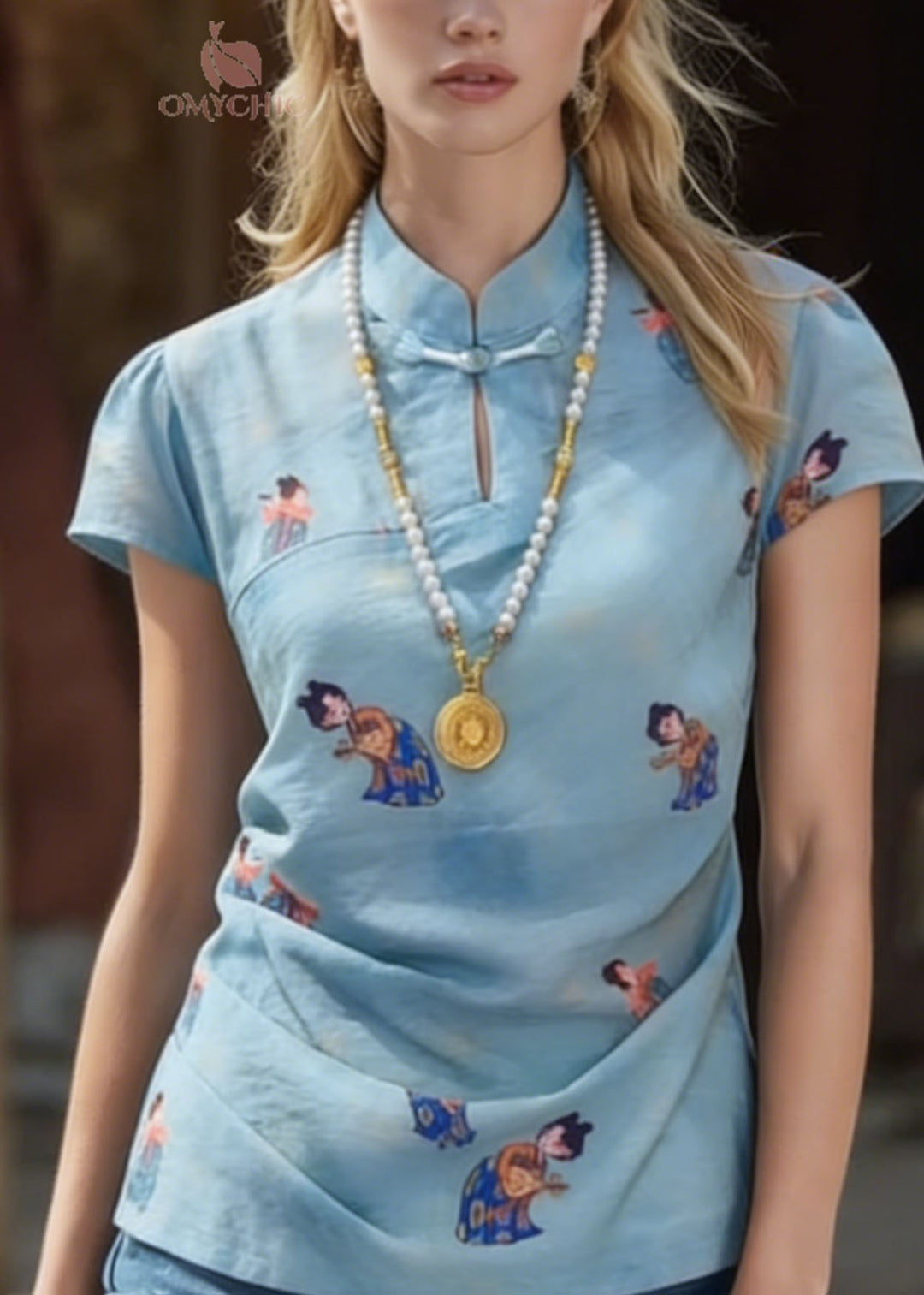 Chinese Style Blue Stand Collar Print Cotton Shirts Summer