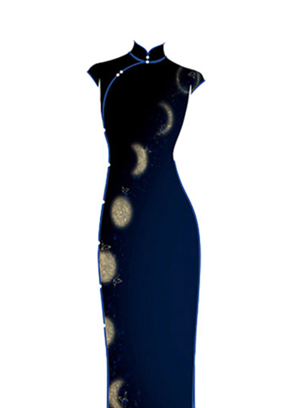 Chinese Style Blue Stand Collar Print Long Dress Short Sleeve