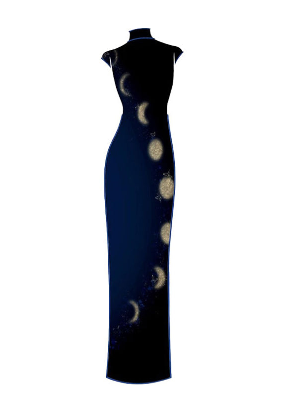 Chinese Style Blue Stand Collar Print Long Dress Short Sleeve