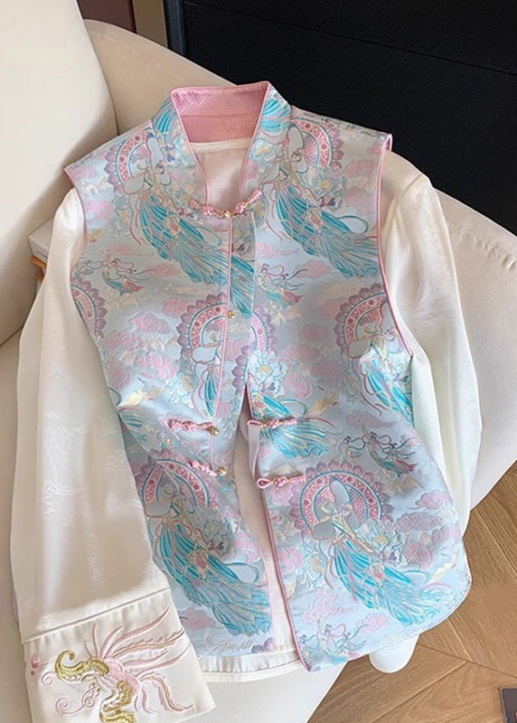 Chinese Style Blue Stand Collar Print Waistcoat Sleeveless
