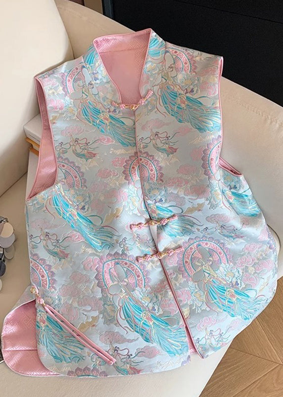Chinese Style Blue Stand Collar Print Waistcoat Sleeveless