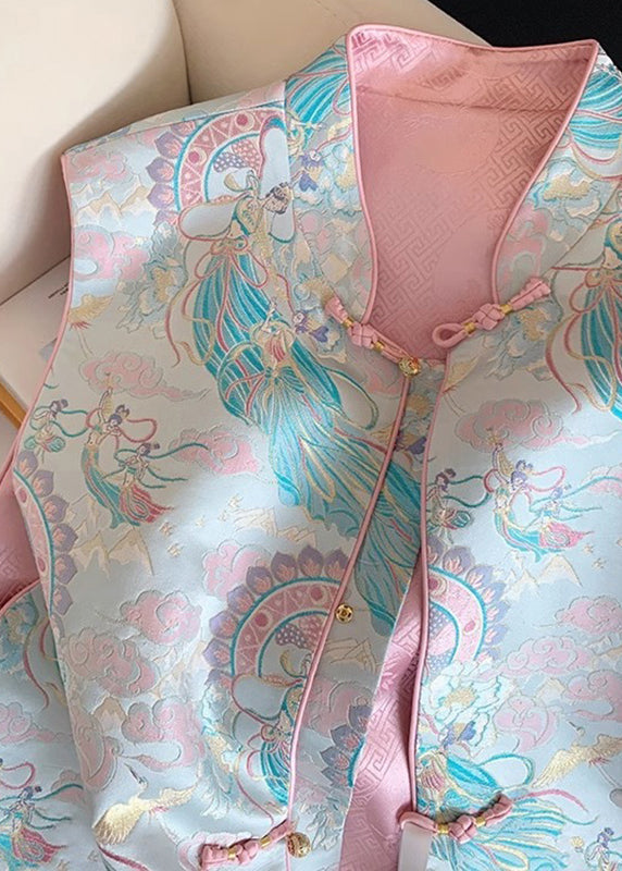 Chinese Style Blue Stand Collar Print Waistcoat Sleeveless