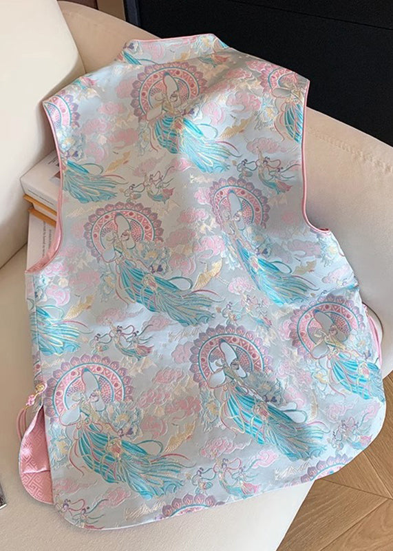 Chinese Style Blue Stand Collar Print Waistcoat Sleeveless