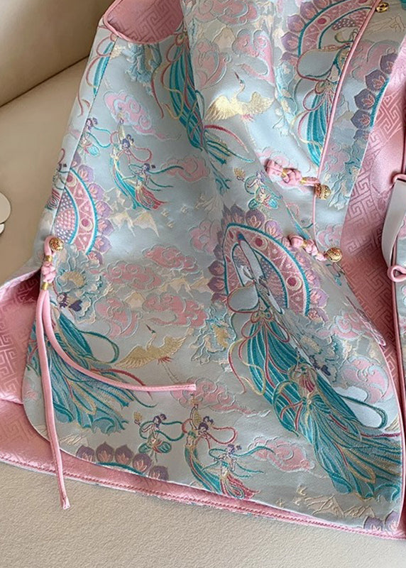 Chinese Style Blue Stand Collar Print Waistcoat Sleeveless