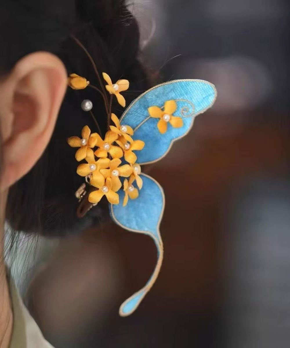 Chinese Style Blue Sterling Silver Overgild Butterfly Osmanthus Hairpin