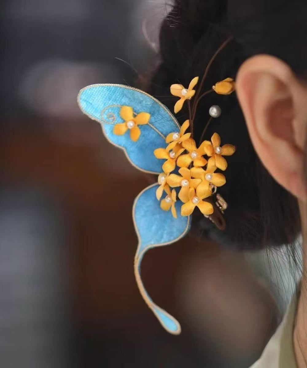 Chinese Style Blue Sterling Silver Overgild Butterfly Osmanthus Hairpin