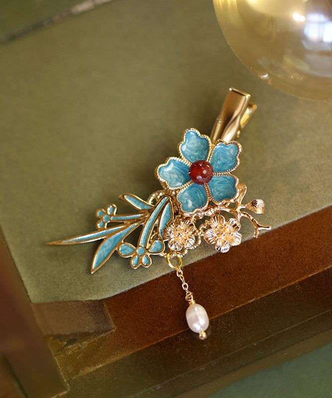 Chinese Style Blue Sterling Silver Overgild Pearl Floral Tassel Hairpin