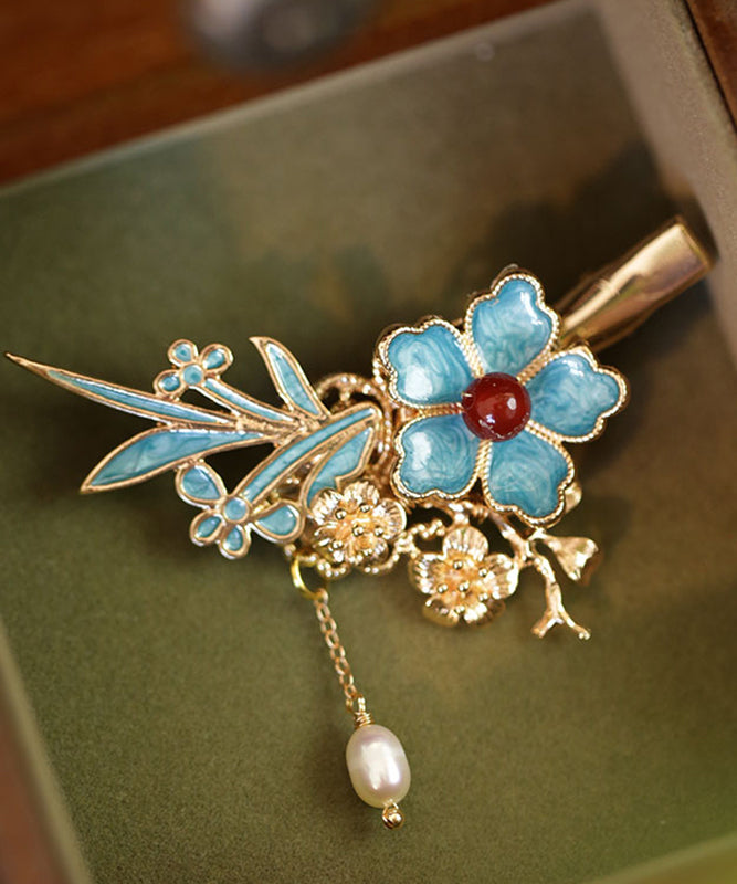 Chinese Style Blue Sterling Silver Overgild Pearl Floral Tassel Hairpin