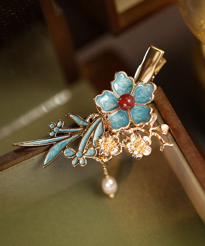 Chinese Style Blue Sterling Silver Overgild Pearl Floral Tassel Hairpin