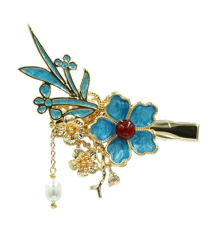 Chinese Style Blue Sterling Silver Overgild Pearl Floral Tassel Hairpin