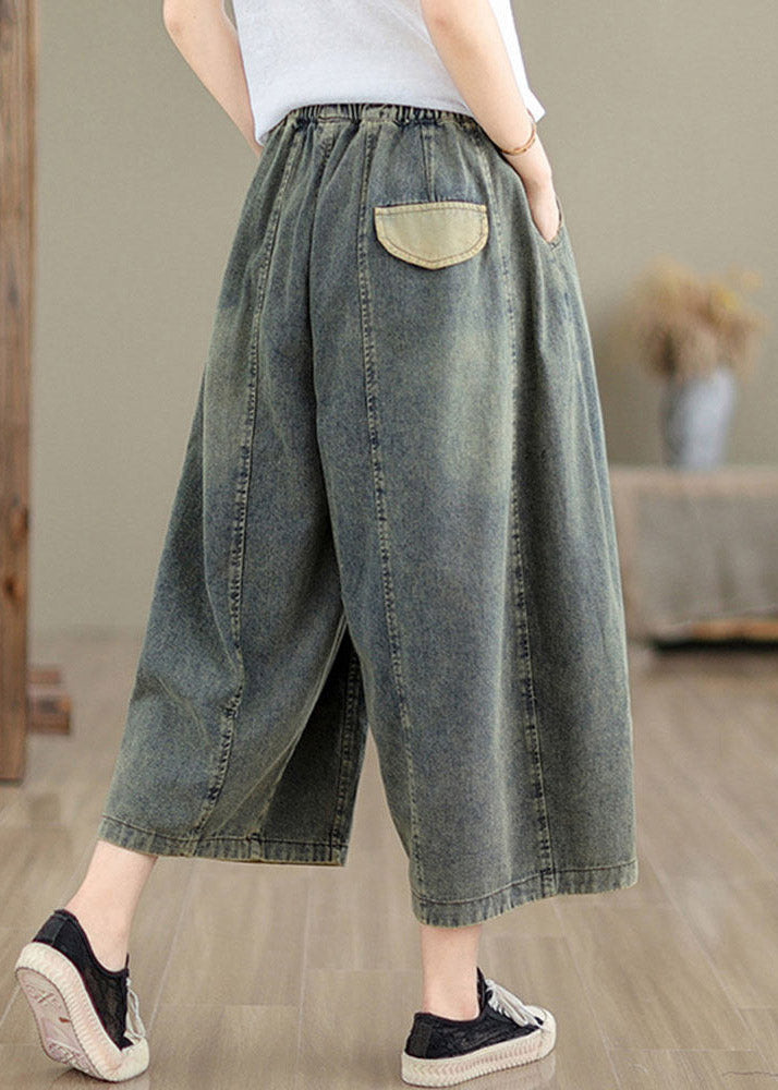 Chinese Style Blue Tie Waist Patchwork Crop Jeans