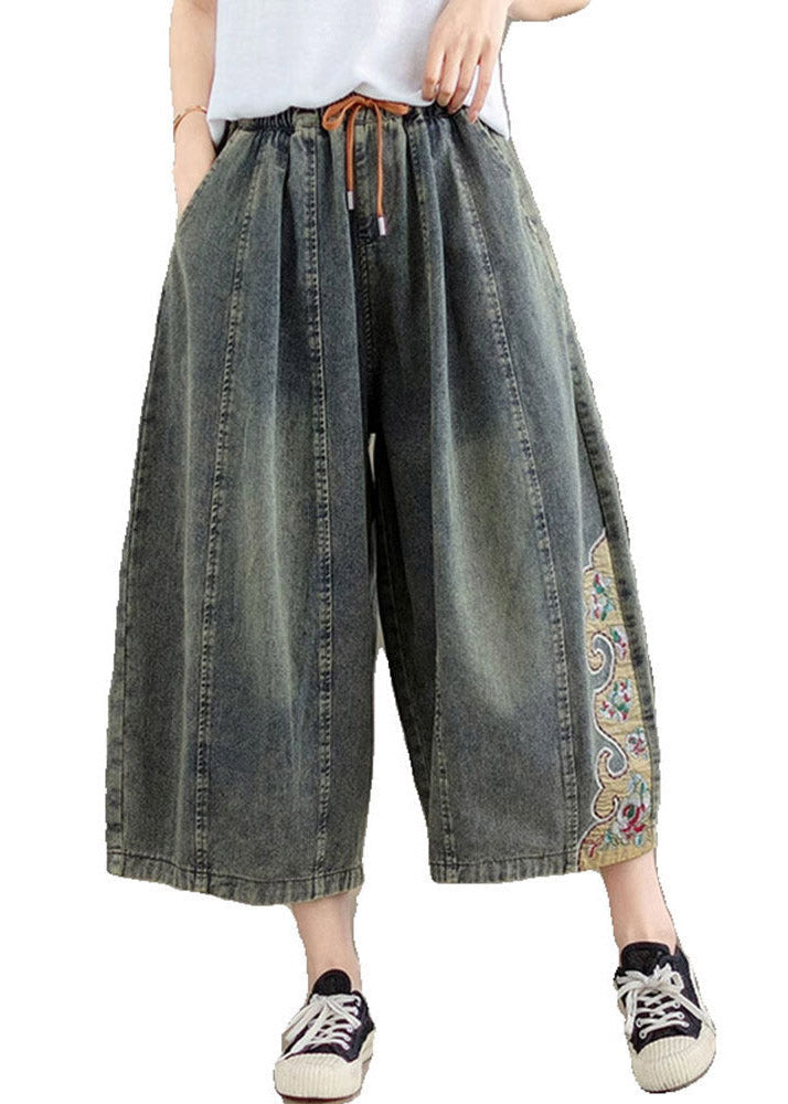 Chinese Style Blue Tie Waist Patchwork Crop Jeans