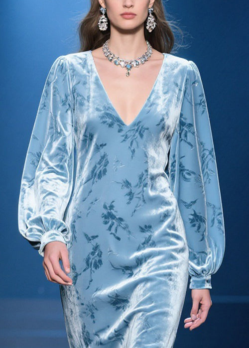 Chinese Style Blue V Neck Fluffy Patchwork Silk Velvet Dresses Spring