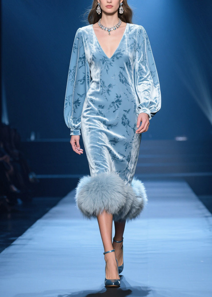 Chinese Style Blue V Neck Fluffy Patchwork Silk Velvet Dresses Spring