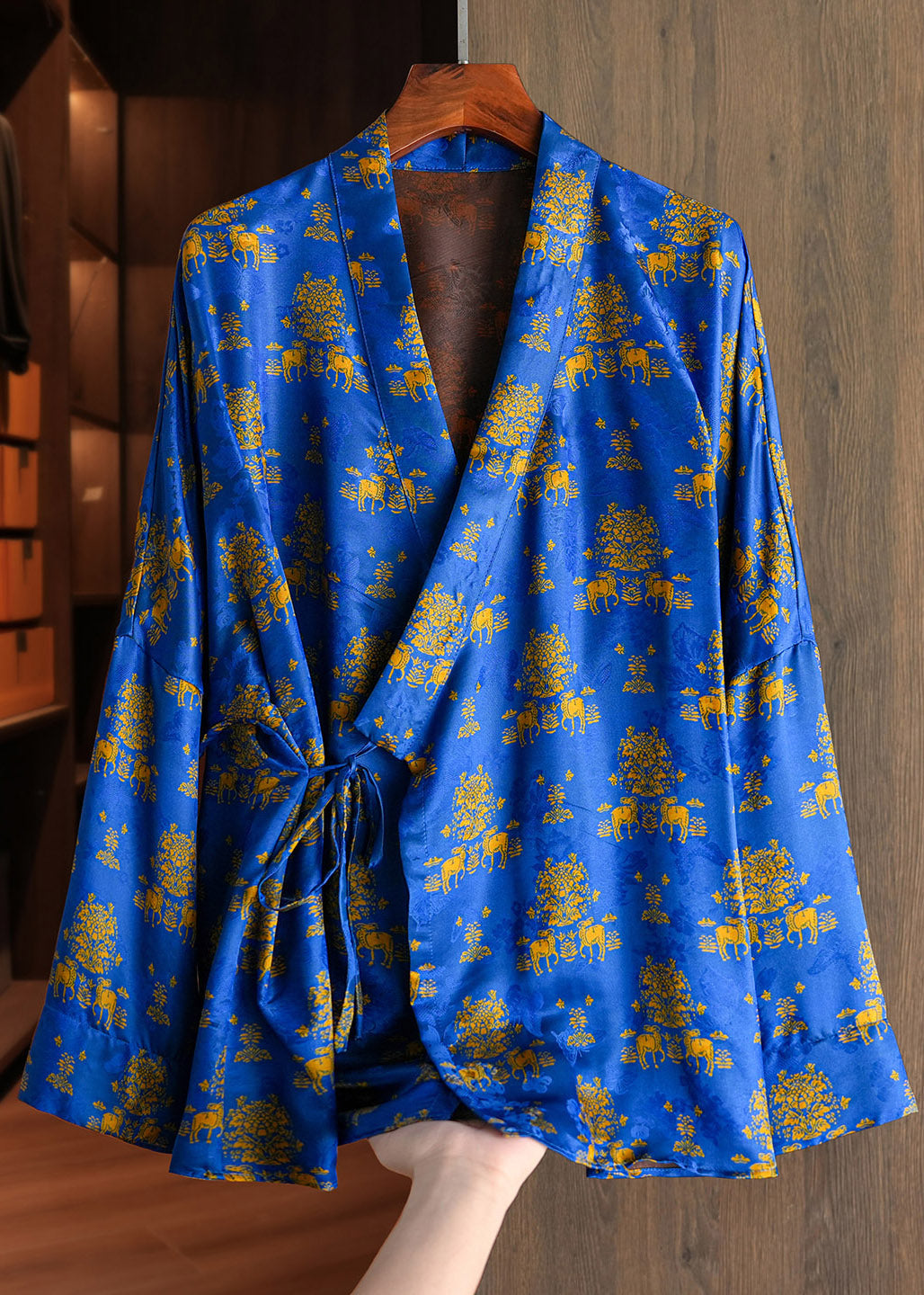 Chinese Style Blue V Neck Print Tie Waist Coats Fall