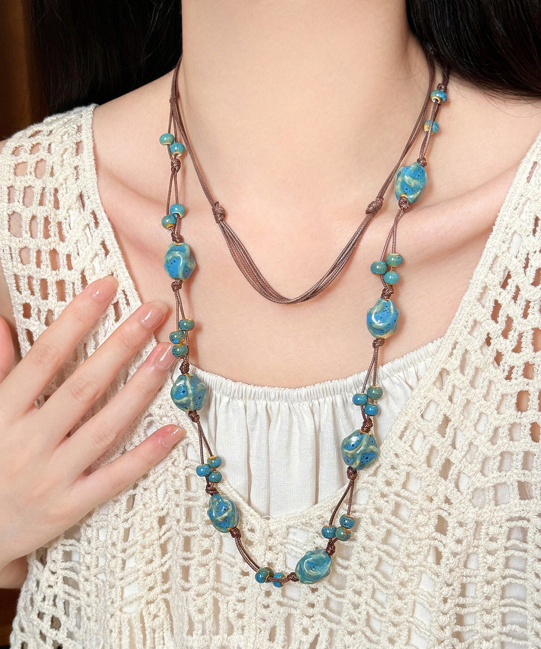 Chinese Style Blue Weave Asymmetrical Ceramics Beading Sweater Lariat Necklace