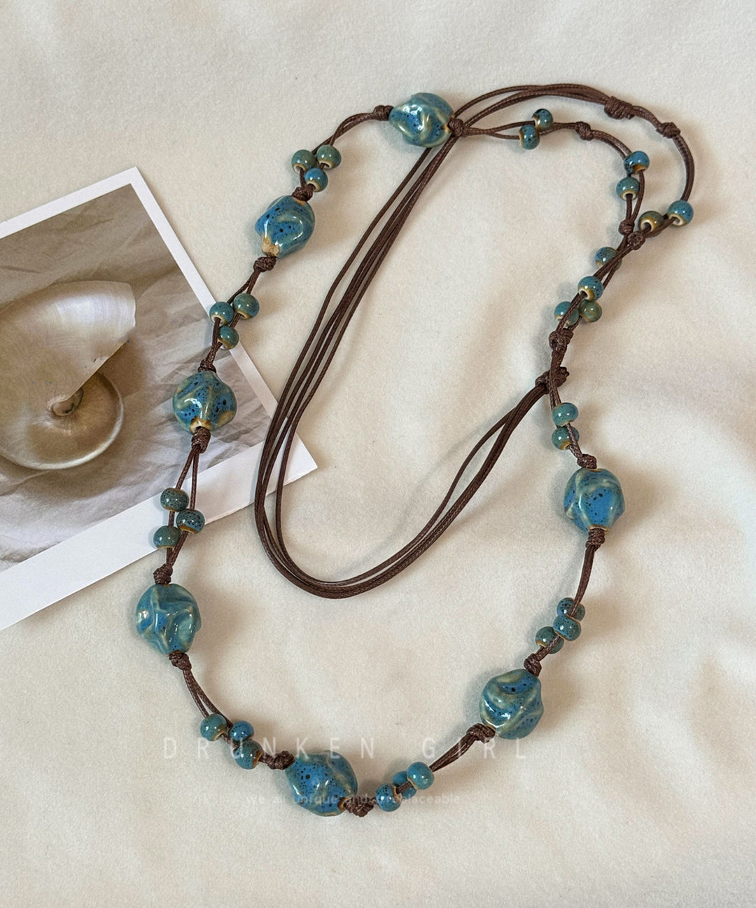 Chinese Style Blue Weave Asymmetrical Ceramics Beading Sweater Lariat Necklace