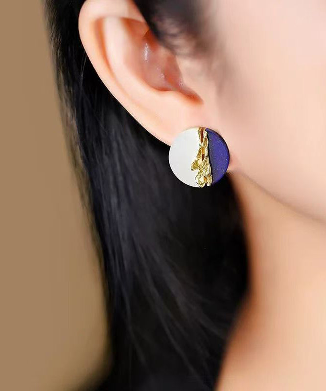 Chinese Style Blue White Patchwork Copper Overgild Shell Stud Earrings