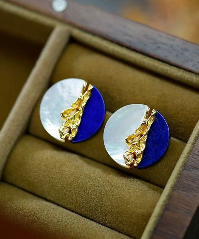 Chinese Style Blue White Patchwork Copper Overgild Shell Stud Earrings
