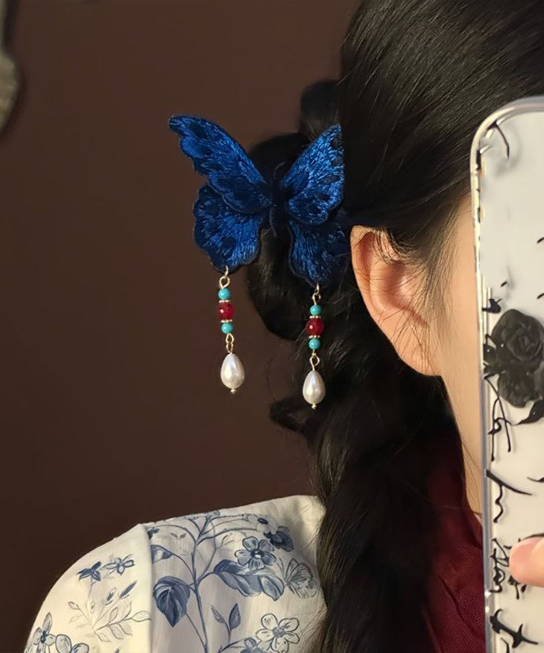 Chinese Style Blue Wooden Butterfly Embroidery Pearl Tassel Hairpin