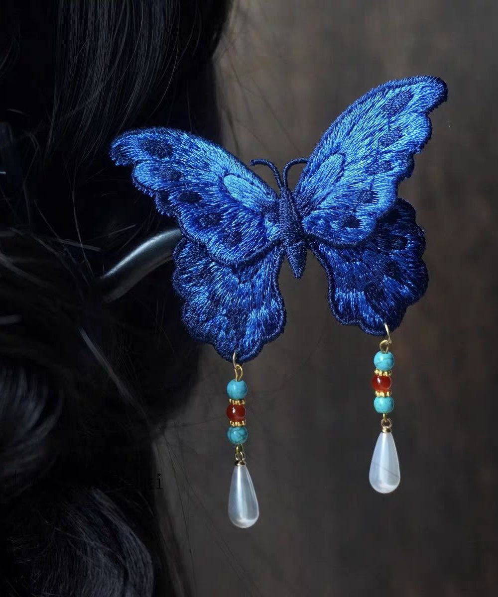 Chinese Style Blue Wooden Butterfly Embroidery Pearl Tassel Hairpin