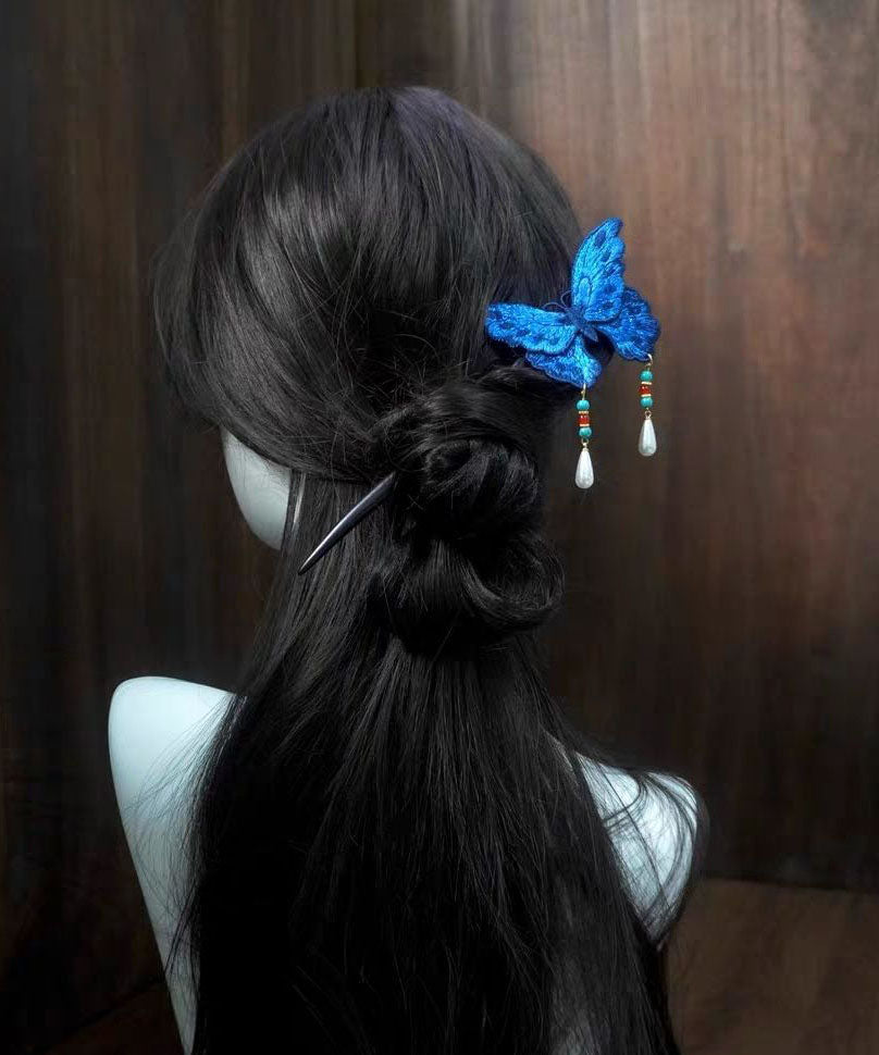 Chinese Style Blue Wooden Butterfly Embroidery Pearl Tassel Hairpin