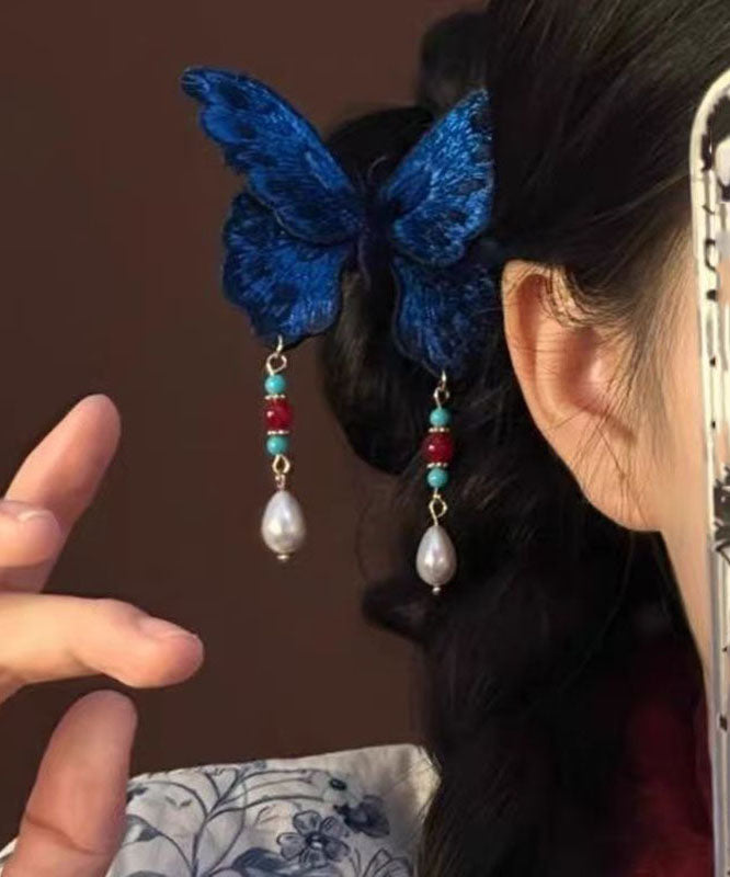 Chinese Style Blue Wooden Butterfly Embroidery Pearl Tassel Hairpin