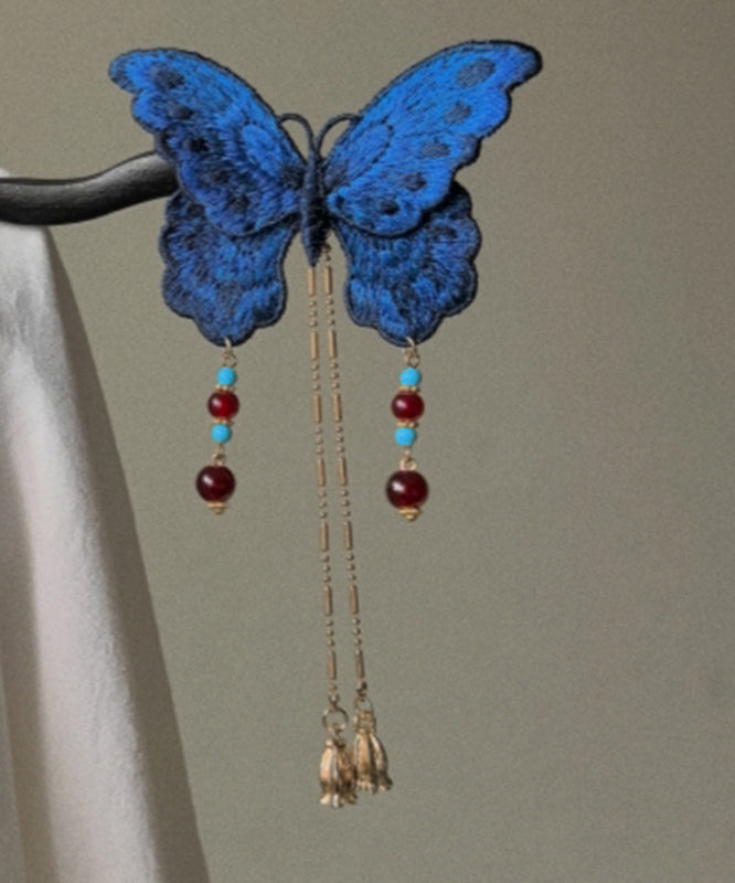 Chinese Style Blue Wooden Butterfly Embroidery Tassel Hairpin