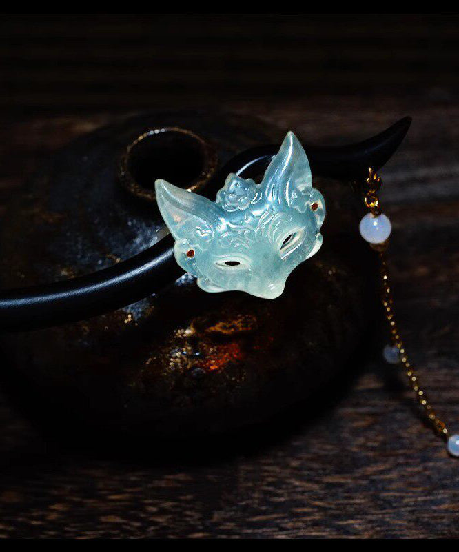 Chinese Style Blue Wooden Fox Mask Tassel Hairpin