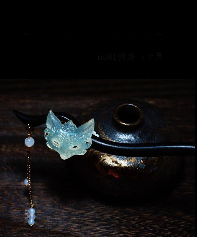Chinese Style Blue Wooden Fox Mask Tassel Hairpin