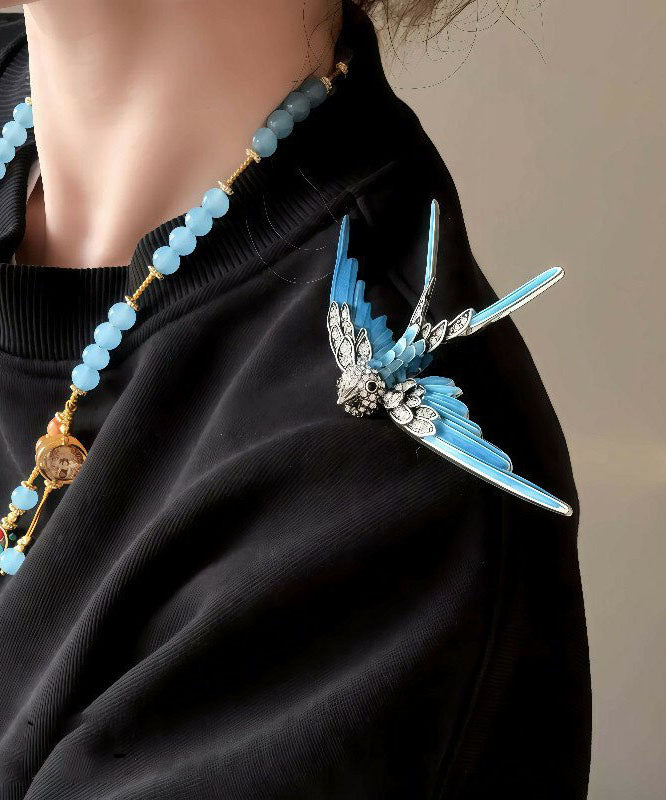 Chinese Style Blue Zircon Enamel Swallow Brooches