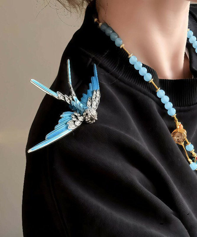 Chinese Style Blue Zircon Enamel Swallow Brooches
