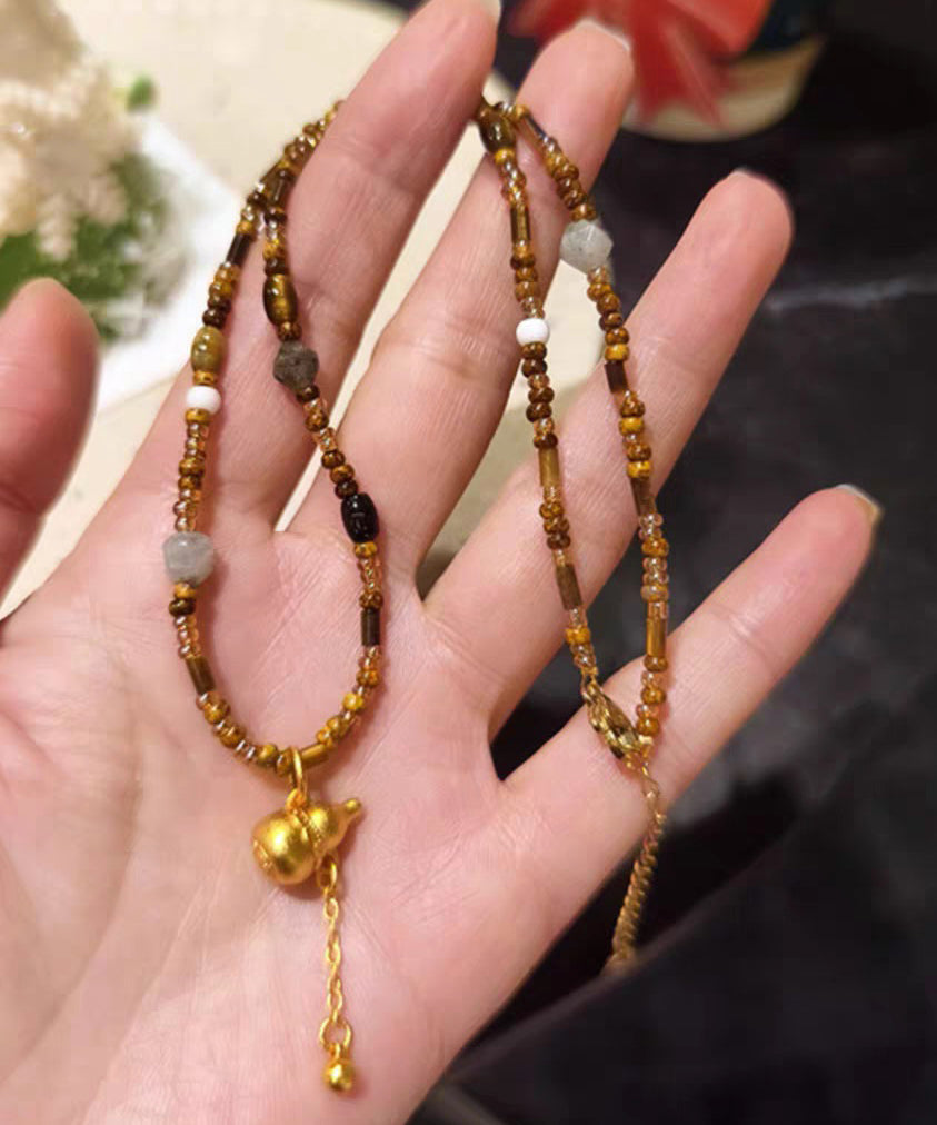 Chinese Style Brown Copper Overgild Calabash Beading Pendant Necklace